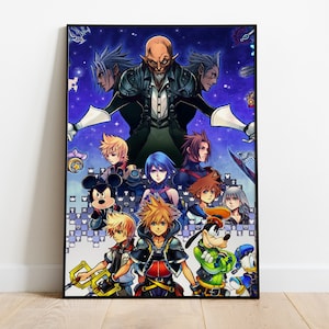 May include: A colorful illustration of characters from the Kingdom Hearts video game series. The characters are standing in front of a dark figure with multiple heads. The background is a dark blue with stars and a checkered pattern.