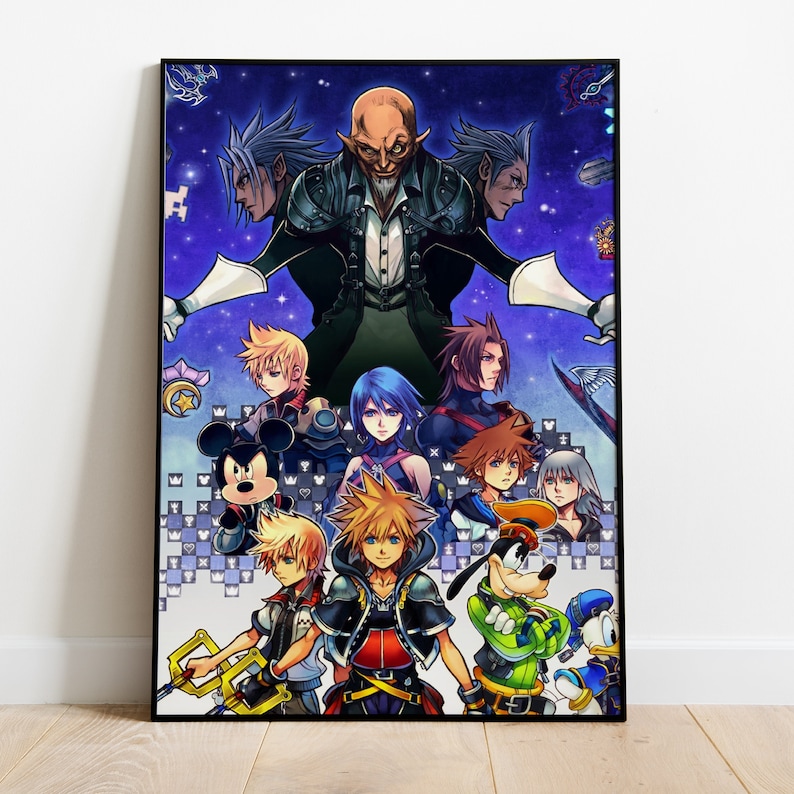 May include: A colorful illustration of characters from the Kingdom Hearts video game series. The characters are standing in front of a dark figure with multiple heads. The background is a dark blue with stars and a checkered pattern.