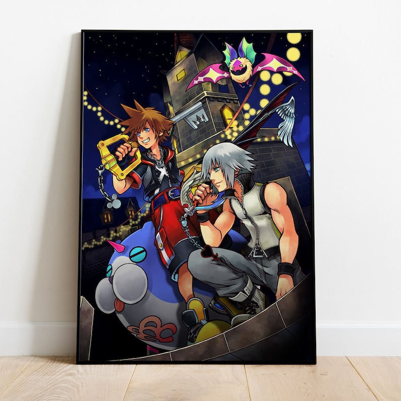 May include: Two anime characters, one with spiky blonde hair and a white shirt, and the other with brown hair and a red shirt, stand on a platform with a large, white, cat-like creature. The background is a dark night sky with a building and a flying bat.