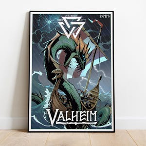 May include: A framed poster featuring a dark, stormy sea scene with a large green sea serpent coiling around a wooden Viking ship. The word VALHEIM is printed in white at the bottom, with runic symbols and lightning bolts in the background.