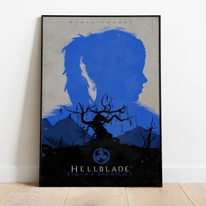 May include: A poster for the video game Hellblade: Senua's Sacrifice, featuring a blue silhouette of a woman's head with a tree in the background. The text "Ninja Theory" and "Hellblade: Senua's Sacrifice" is displayed on the poster.