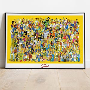 May include: A yellow background with a large group of cartoon characters from the Simpsons. The characters are all standing together and there is text at the bottom that says "The Simpsons".