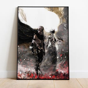 May include: A framed vertical art print featuring two stylized figures in a dark, ethereal landscape. The composition uses a palette of black, white, gold, and red, with swirling abstract forms, scattered red petals, and a prominent golden light.