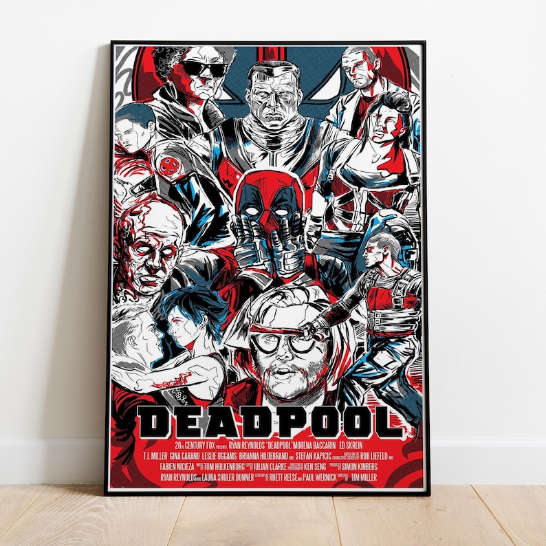 Puede incluir: Un p&oacute;ster enmarcado de la pel&iacute;cula "Deadpool". El p&oacute;ster presenta un collage de personajes en rojo, negro y blanco, con el t&iacute;tulo "DEADPOOL" en un lugar destacado. El p&oacute;ster incluye los nombres de los actores y los cr&eacute;ditos de producci&oacute;n.