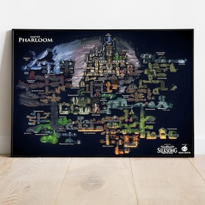 Puede incluir: Un póster rectangular de pared que muestra un mapa detallado y oscuro de Pharloom del juego Hollow Knight: Silksong. El mapa presenta varias regiones interconectadas en tonos azules, verdes, naranjas y grises, con etiquetas de texto para lugares.
