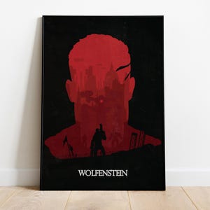 May include: A red and black poster with a silhouette of a man's head. The man's head is filled with a cityscape. The text "Wolfenstein" is at the bottom of the poster.