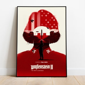 May include: A red and white poster featuring a silhouette of a woman's head. The woman's head is filled with an image of a city skyline and a red, white and blue American flag. The poster has the text "Wolfenstein II" and "The New Colossus" in white letters. The poster also has the text "Starring Frau Engel" in white letters.