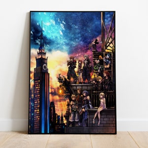 May include: A colorful illustration of a group of characters from the Kingdom Hearts video game series standing on a rooftop overlooking a city skyline. The characters are all dressed in their signature outfits and are looking out at the cityscape. The sky is a vibrant blue and purple, and there are stars in the background.