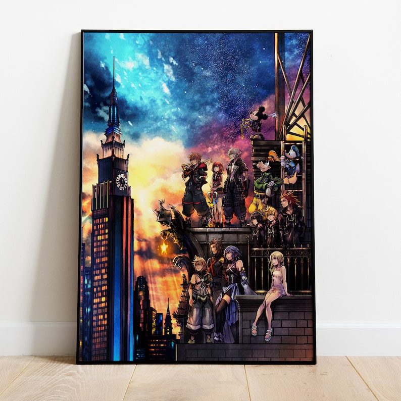 May include: A colorful illustration of a group of characters from the Kingdom Hearts video game series standing on a rooftop overlooking a city skyline. The characters are all dressed in their signature outfits and are looking out at the cityscape. The sky is a vibrant blue and purple, and there are stars in the background.