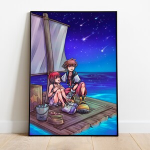 May include: A digital illustration of two anime characters sitting on a raft in the middle of the ocean at night. The sky is filled with shooting stars and the characters are looking up at them. The raft is made of wood and has a sail in the background.