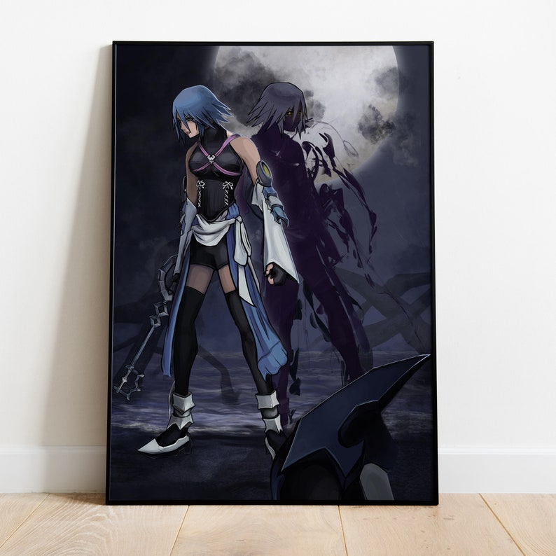 May include: A digital illustration of a female character with blue hair and a blue and black outfit, standing in front of a shadowy figure. The background is a dark blue with a large, bright moon.