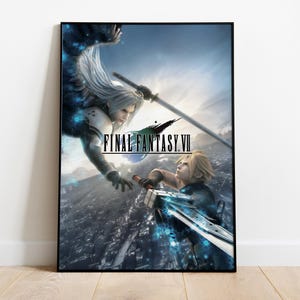 May include: A rectangular wall poster featuring the Final Fantasy VII logo in the center. The artwork depicts a long-haired figure with a dark wing descending toward a blonde figure holding a large sword, set against a dark, cloudy city skyline.
