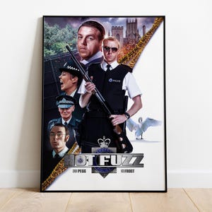 May include: A framed movie poster for "Hot Fuzz" featuring several actors in police uniforms, with a shotgun prominently displayed. The poster includes the film's title and the names of the actors. A swan is also visible.