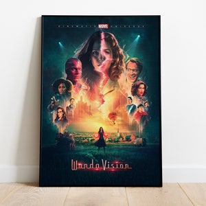 May include: A poster for the Marvel Cinematic Universe series WandaVision. The poster features a red and blue energy field with the characters Wanda Maximoff and Vision in the centre. Other characters from the series are featured around the edges of the poster, including Paul Bettany as Vision, Elizabeth Olsen as Wanda Maximoff, Teyonah Parris as Monica Rambeau, Kat Dennings as Darcy Lewis, Randall Park as Jimmy Woo, and Kathryn Hahn as Agnes.