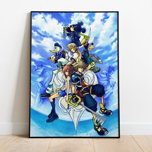 May include: A colorful illustration of a group of characters from the Kingdom Hearts video game series. The characters are standing on a white heart-shaped platform against a blue sky background. The characters include Sora, Riku, Kairi, Donald Duck, Goofy, and Mickey Mouse.