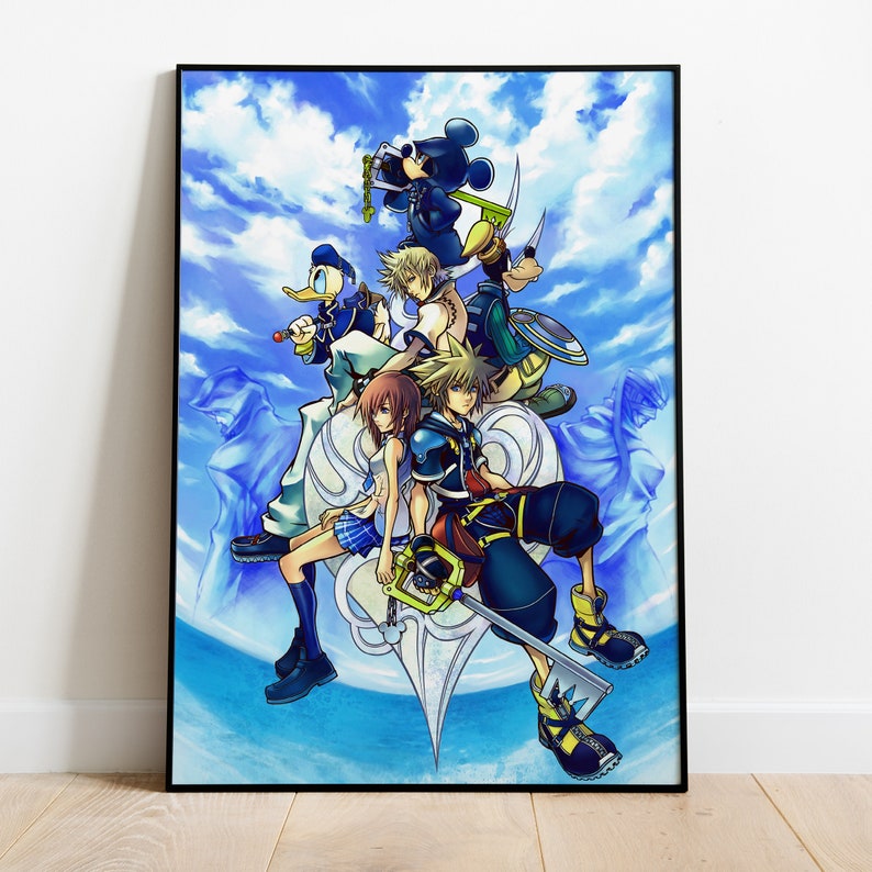 May include: A colorful illustration of a group of characters from the Kingdom Hearts video game series. The characters are standing on a white heart-shaped platform against a blue sky background. The characters include Sora, Riku, Kairi, Donald Duck, Goofy, and Mickey Mouse.