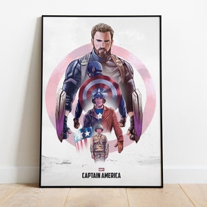 Puede incluir: Un p&oacute;ster con Captain America en un traje rojo, blanco y azul. El p&oacute;ster tiene un c&iacute;rculo rosa y blanco en el fondo con las palabras "MARVEL CAPTAIN AMERICA" en la parte inferior.