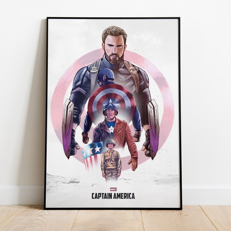 Puede incluir: Un p&oacute;ster con Captain America en un traje rojo, blanco y azul. El p&oacute;ster tiene un c&iacute;rculo rosa y blanco en el fondo con las palabras "MARVEL CAPTAIN AMERICA" en la parte inferior.