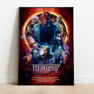May include: A movie poster for the film "Hellboy" featuring a red-skinned demon with horns, a group of people, and a creature with a large head and sharp teeth. The poster has a dark, red, and blue color scheme.