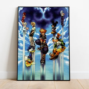 May include: A colorful illustration of characters from the Kingdom Hearts video game series. The characters are standing on tall, thin pillars against a blue sky background. The characters include Sora, Riku, Kairi, Donald Duck, Goofy, Mickey Mouse, and a few others.