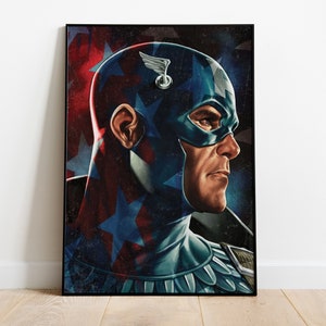 Puede incluir: Un retrato de cerca de Captain America, un superh&eacute;roe con un traje rojo, blanco y azul. Su rostro es serio y decidido, y est&aacute; mirando hacia la derecha. El fondo es una imagen borrosa de la bandera estadounidense.