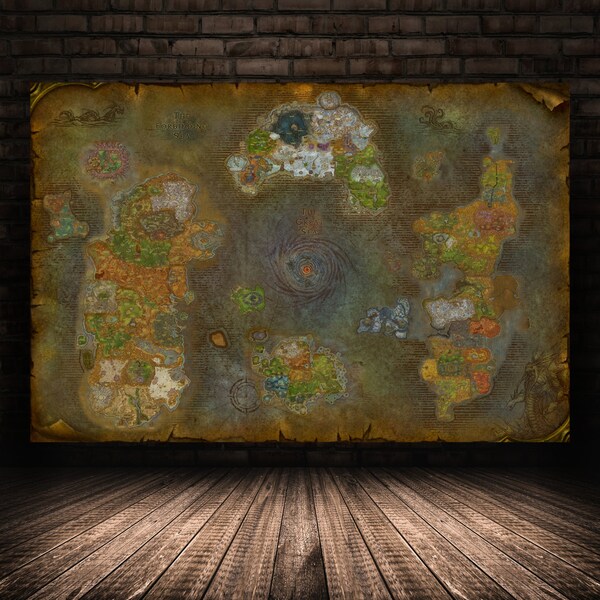 Affiche de carte de World of Warcraft, art mural Azeroth, impression sur toile roulée, option tendue, cadeau de carte de jeu