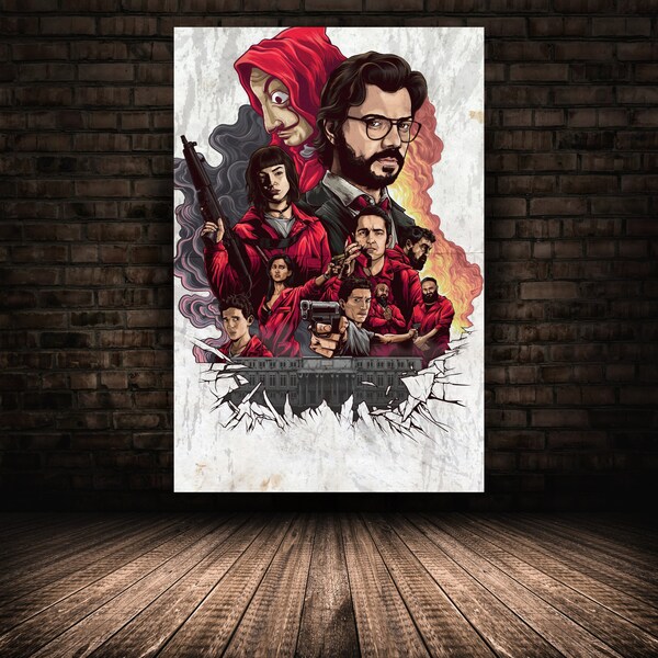 La casa de papel Poster, Geldüberfall Wandkunst, gerollte Leinwand, gedehnte Option, TV-Serie Geschenk