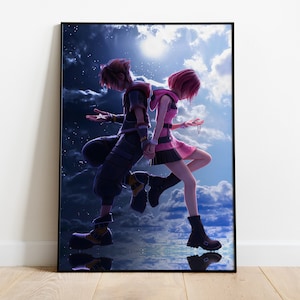 May include: A digital illustration of two anime characters, a boy and a girl, walking side by side in a blue and white sky with clouds and stars. The boy is wearing a black and red outfit and the girl is wearing a pink and white outfit.