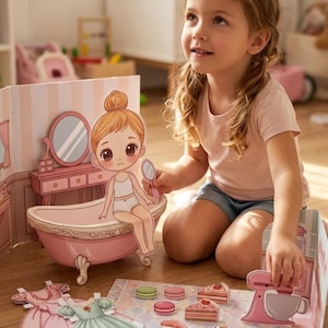 Könnte beinhalten: Ein junges Mädchen spielt mit einem Papierpuppen-Set. Das Set enthält eine Puppe in einem Badezimmer mit Badewanne, Schminktisch und Spiegel. Es gibt auch Papierkleider, Lebensmittel und einen Mixer. Das Set ist hauptsächlich rosa und weiß.