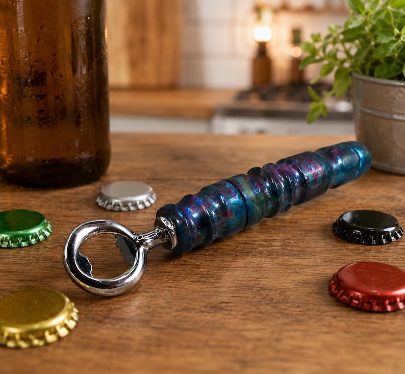 May include: A bottle opener with a cylindrical handle featuring a swirling, marbled pattern of deep blue, purple, and red tones. The opener has a polished chrome metal head and is surrounded by several loose, colourful metal bottle caps.