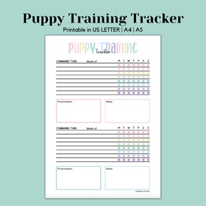 May include: Printable puppy training tracker with colorful squares for each day of the week. The tracker has sections for command/task, week of, proud moment, and notes.