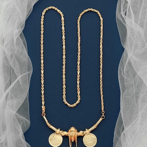 Exclusive Mother&#39;s Day Sale: Gold-Plated Mop Chain with Cubic Zirconia Accent - South Indian Jewelry Mogappu Saradu Chain.