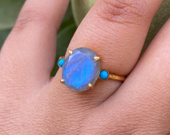 Labradorite Turquoise Ring: 925 Sterling Silver Gold Platinum Unisex Band