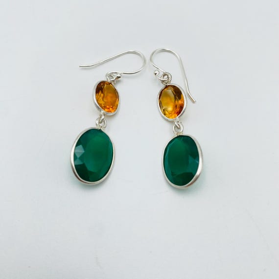 925 Sterling Silver Dangle Earring, Green Onyx and Citrine
