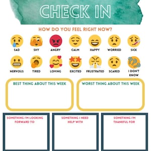 Check In Worksheet (Kids, Teens, and Adults) - for Mental Health Therapy, School, Home, Team Sports. Daily Feeling Screening Tool