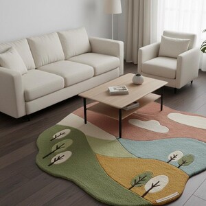 May include: A colorful, landscape-themed area rug with a whimsical design. The rug features green, yellow, pink, and blue sections with stylized trees and cloud shapes. The rug is placed in a living room with a cream-colored sofa and armchair.