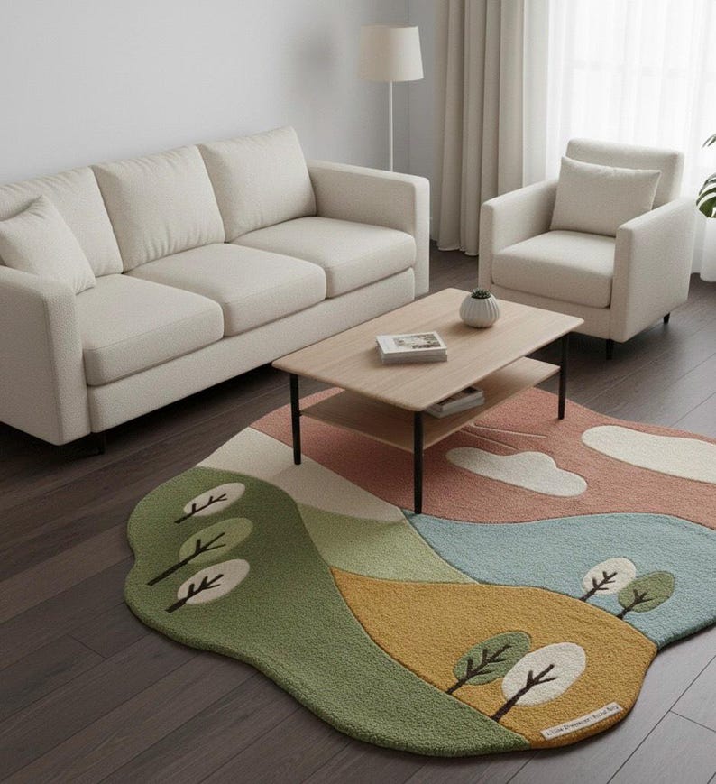 May include: A colorful, landscape-themed area rug with a whimsical design. The rug features green, yellow, pink, and blue sections with stylized trees and cloud shapes. The rug is placed in a living room with a cream-colored sofa and armchair.