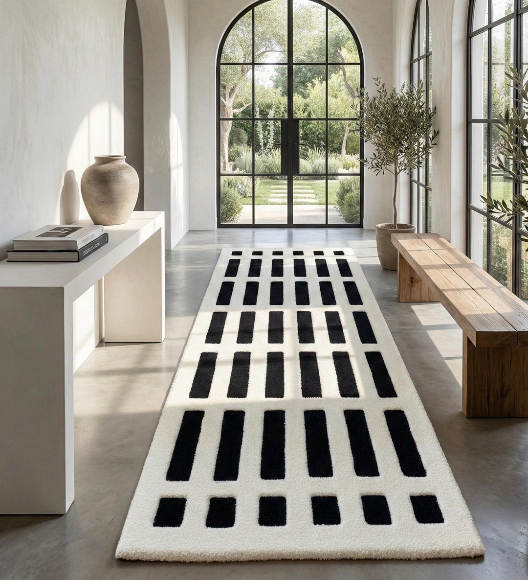 Modern Grid Runner Rug – Black & Ivory Geometric Hand-tufted Wool - Etsy
