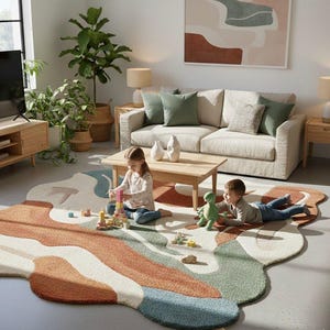 Può includere: Un tappeto astratto dalla forma unica. Il tappeto presenta una miscela di colori, tra cui ruggine, crema, blu e verde. Il tappeto si trova in un soggiorno con un divano, un tavolino e bambini che giocano.