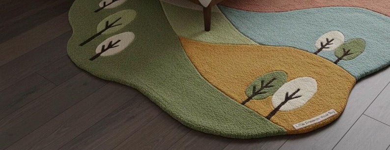 May include: A whimsical, landscape-themed rug with a unique, irregular shape. The rug features a design of rolling hills in shades of green, yellow, and blue, with stylized trees. The rug is placed on a dark wood floor.