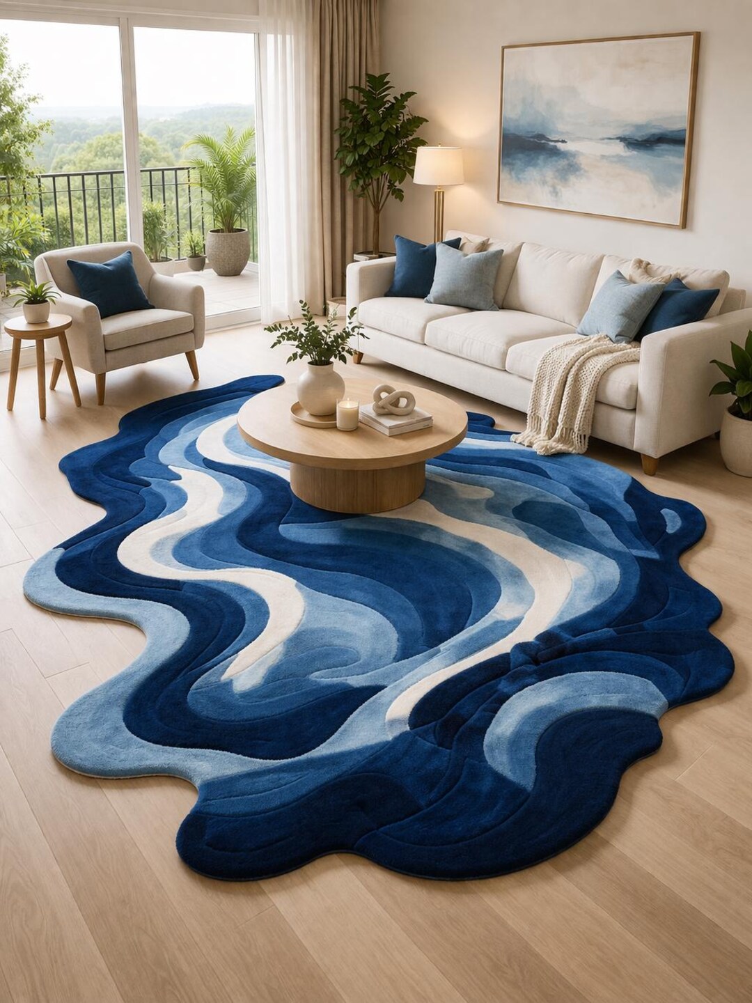 Hand-tufted Wool Area Rug – Deep Blue Abstract Irregular Shape Modern ...