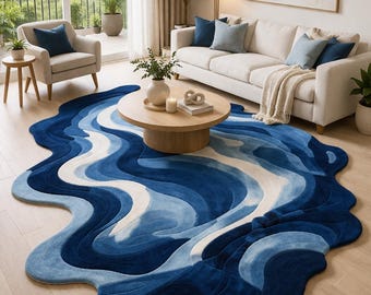 Hand-Tufted Wool Area Rug – Deep Blue Abstract Irregular Shape Modern Designer Carpet