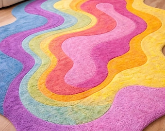 Hand Tufted Rainbow Rug – Wavy Abstract Area Rug