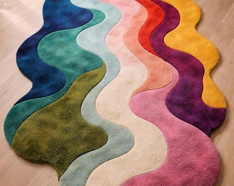 Hand Tufted Wool Rug – Irregular Multicolor Abstract Waves