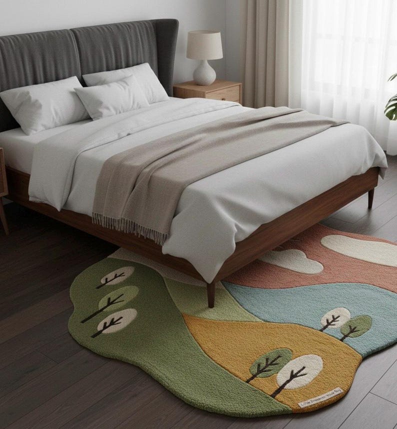 May include: A bedroom scene featuring a bed with white linens, a gray headboard, and a wooden frame. A colorful, landscape-themed rug with trees and hills is on the floor. A bedside table with a lamp is visible.