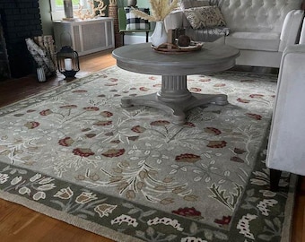 Vintage Floral Area Rug, Traditional Persian Style Rug, Cream & Green Botanical Carpet, Antique Inspired Living Room Rug, Elegant Home Decor