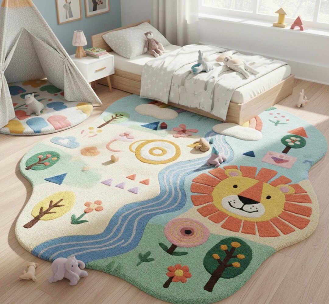 Kids Ranch Rug Handmade Kids Play Rug 8x10 | Wool Tufted Road Map Landscape Area Rug ...