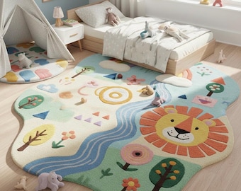 Handmade Kids Play Rug 8x10 | Wool Tufted Road Map Landscape Area Rug