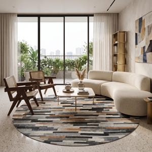 Tappeto patchwork in pelle bovina fatto a mano – Tappeto geometrico in pelle, grigio, nero, avorio, marrone chiaro