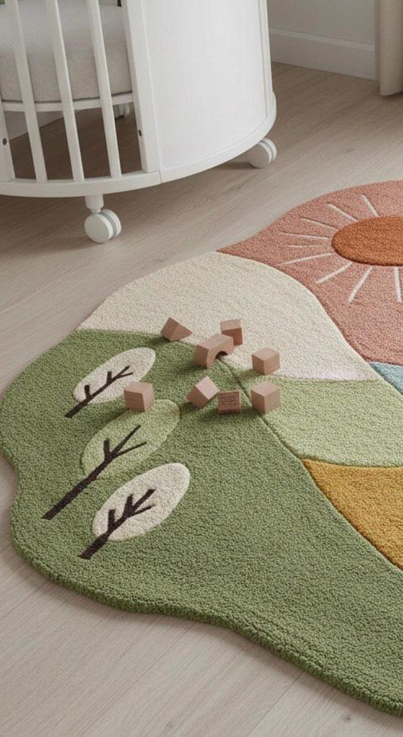 May include: A colorful, whimsical rug with a landscape design featuring a sun, trees, and hills in shades of green, pink, and yellow. Wooden blocks are scattered across the rug. A white crib is in the background.